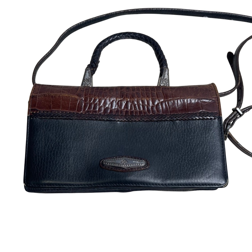Brighton‎ Black Brown Moc Croc Leather Crossbody Organizer Purse Clutch Bag